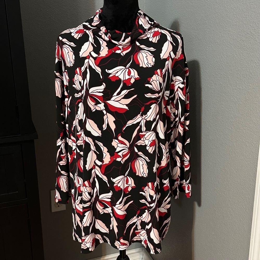 Liz Claiborne Black Floral Top XL 3/4 Sleeve‎ Cowl Neck Stretch Blouse Chic NWT